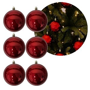 Jogo 6 Bolas de Natal Vermelho Premium 8cm Brilho Espelhado com Cordão para Pendurar