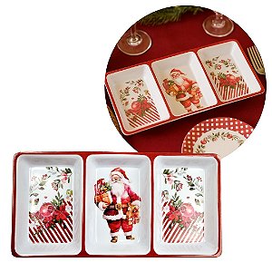Petisqueira Natalina Retangular Melamina Estampa Papai Noel e Floral 3 Divisórias 30x16cm