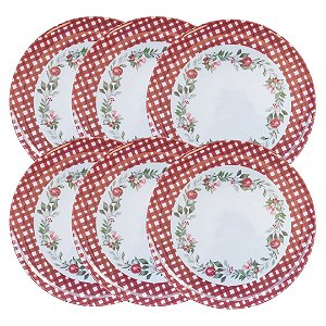 Jogo 6 Pratos de Jantar Natalino Melamina Folhagens, Azevinhos e Romã Borda Xadrez Bordô Fosco 27,5cm