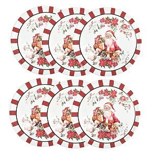 Jogo 6 Pratos de Sobremesa Natalino Melamina Papai Noel Floral Bico de Papagaio Borda Candy 20cm