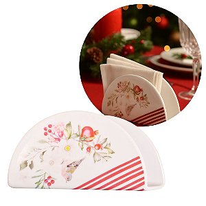 Porta Guardanapo de Mesa Natalino Melamina Estampa Pássaros e Azevinhos 17cm