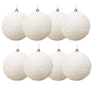 Kit 8 Bolas de Natal Brancas Textura Floco de Neve 8cm Premium – Modelo Flocado com Efeito Neve Polvilhada
