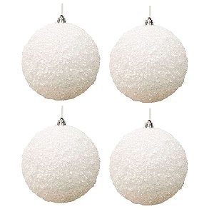 Kit 4 Bolas de Natal Brancas Textura Floco de Neve 8cm Premium – Modelo Flocado com Efeito Neve Polvilhada