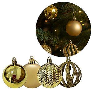Jogo 9 Bolas de Natal Douradas Luxo 6cm Texturas Mistas Fosca, Espelhada, Glitter e 3D Prime Gold
