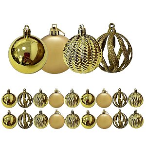 Kit 18 Bolas de Natal Douradas Luxo 6cm Texturas Mistas Fosca, Espelhada, Glitter e 3D Premium