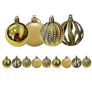 Conjunto 9 Bolas de Natal Douradas Luxo 6cm Texturas Mistas Fosca, Espelhada, Glitter e 3D Premium