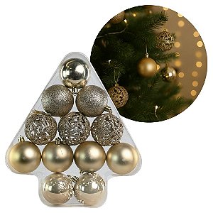 Kit 12 Bolas de Natal Champanhe 6cm Luxo Texturas Mistas Fosca, Espelhada, Glitter Arabesco e Flor Decorada