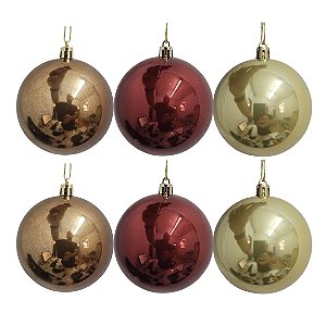Jogo 6 Bolas de Natal Peroladas Luxo 8cm Vinho Bordô, Dourado e Bronze Brilho Suave