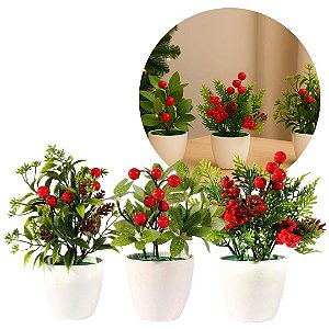 Conjunto 3 Vasos Decorativos Natalinos Folhagens, Pinhas e Berries 23cm Vaso Branco com Pick Natalino