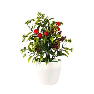 Vaso Decorativo Natalino Folhagens e Berries 23cm Vaso Branco com Pick Natalino