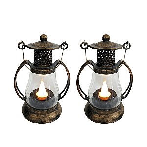 Jogo 2 Mini Lamparinas LED Decorativa Ouro Envelhecido 11cm Vela Artificial Branco Quente com Alça