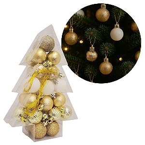 Jogo 34 Mini Bolas de Natal Dourado e Branco Mix Texturas Premium 3cm na Caixa Formato Árvore