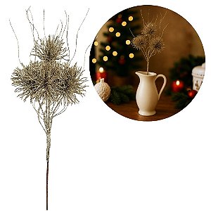 Galho Natalino Haste 4 Buchinhos Glitter Champanhe Prime 46cm x 15cm