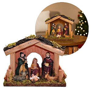 Presépio Resina Premium Manjedoura Madeira 15cm 6 Figuras - Master Christmas