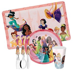 Jogo Refeição Infantil Princesas Disney 6 Peças Prato, Copo, Lugar Americano e Talheres