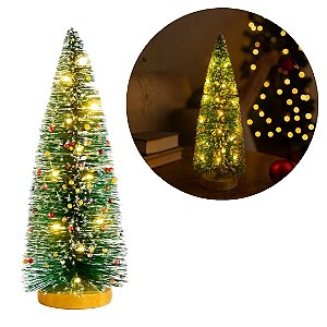 Pinheiro Iluminado Enfeite de Mesa Árvore Nevada LED Sequencial e Base de Madeira 25cm