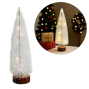 Mini Pinheiro de Mesa Iluminado 30cm Branco Nevado LED Sequencial e Base Tronco Natural