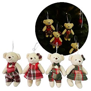 Kit 4 Ursinhos Natalinos Pendente 15cm Pelúcia Creme com Roupa Xadrez