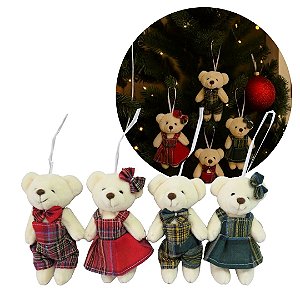 Conjunto 4 Ursinhos Natal Pendente 15cm Pelúcia Creme Prime Roupa Xadrez