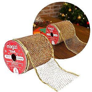 Fita Aramada Decorativa Natal Dourada Glitter Luxo Telada 10cm x 9m Ideal para Laços, Árvores e Guirlandas