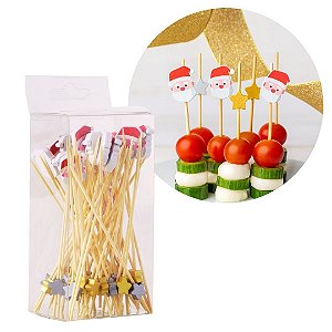 Kit Palitos de Aperitivo Natal Papai Noel e Estrelas 12cm 50 Unidades em Bambu Prime