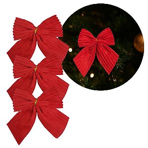 Kit 3 Laços Natalinos Vermelho Canelado Veludo Premium 10x10cm