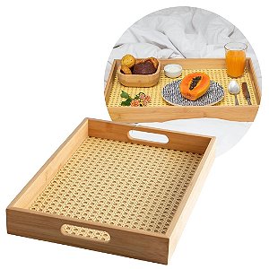 Bandeja Retangular Bambu Palha Trançada Premium 40x28cm Multiuso - Fratelli