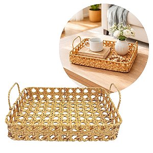 Cesta Retangular com Alça em Palhinha Sintética Bege 32x25cm Estrutura Metal