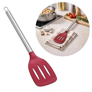 Espátula Vazada de Silicone Vinho Bordô com Cabo em Aço Inox Elite Premium 33cm