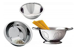 Conjunto Aço Inox 3 Peças Escorredor Arroz, Macarrão E Bowl