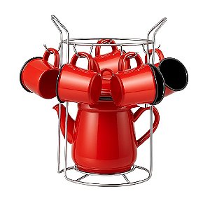 Conjunto Suporte Cromado, Bule Esmaltado 1000ml e 6 Mini Canecas - Tuut