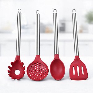 Jogo de Utensílios de Cozinha Silicone Premium Bordô Cabo Inox Elite 4 Peças