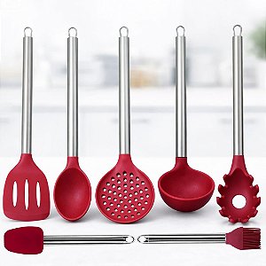 Conjunto 7 Utensílios de Cozinha Silicone Premium Bordô Cabo Inox Elite - Tuut Prime