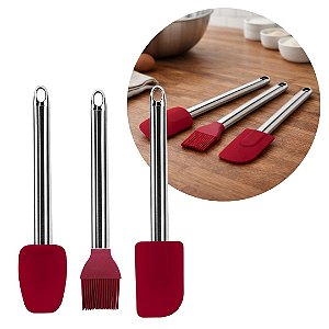 Kit Espátulas e Pincel Silicone Premium Bordô Cabo Inox Elite 3 Peças - Tuut