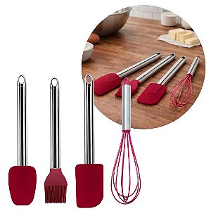 Kit Espátulas, Pincel e Fouet Silicone Premium Bordô Cabo Inox Elite 4 Peças - Tuut