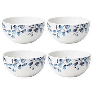 Jogo 4 Tigelas Cerâmica Branca Premium Folhagens Azul Beli Collection 550ml