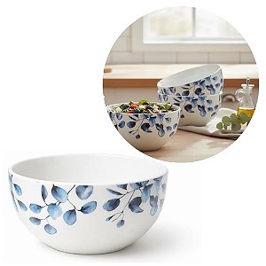 Tigela em Cerâmica Branca Premium Folhagens Azuis Beli Collection 550ml