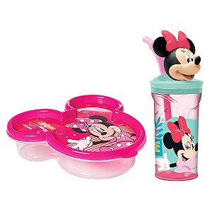 Kit Copo 3D Com Canudo 360ml e Pote Com Tampa Rosto Minnie Mouse Disney