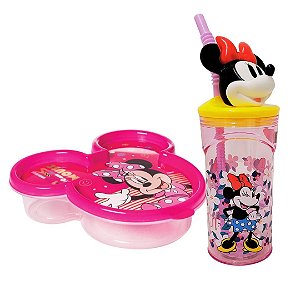 Kit Copo 3D Com Canudo 360ml e Pote Com Tampa Rosto Minnie Mouse Disney