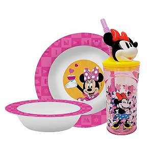 Kit Refeição Infantil Minnie Disney 3 Peças Prato, Tigela e Copo 3D 360ml