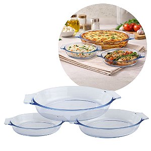Kit 3 Travessas Oval Vidro Borossilicato Premium com Alças 780ml, 640ml e 380ml Forno e Micro-ondas