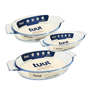 Jogo 3 Travessas Oval Vidro Borossilicato Premium com Alças 780ml, 640ml e 380ml Forno e Micro-ondas