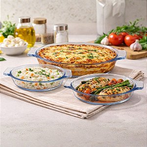 Conjunto 3 Travessas Oval Vidro Borossilicato Prime com Alças 780ml, 640ml e 380ml Forno e Micro-ondas