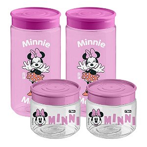 Jogo 4 Mini Potes Multiuso Minnie 160ml e 350ml Rosa BPA Free Licenciado Disney