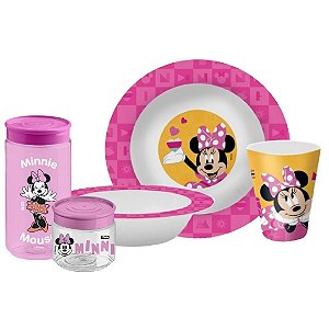 Kit Refeição Infantil Minnie Disney 5 Peças Prato, Tigela, Copo e Potes Multiuso