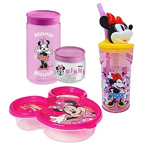 Kit Lancheira Minnie Mouse Copo 3D Com Canudo 360ml e Pote Multiuso