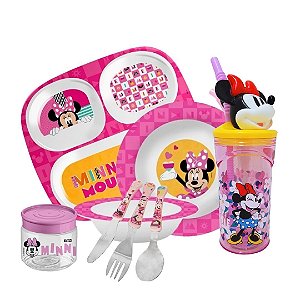 Kit Refeição Infantil Minnie 8 Peças Melamina, Copo 3D, Talheres Inox e Pote Multiuso