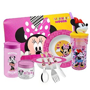 Kit Refeição Infantil Minnie 9 Peças Prato, Tigela, Copo, Jogo Americano, Talheres e Potes
