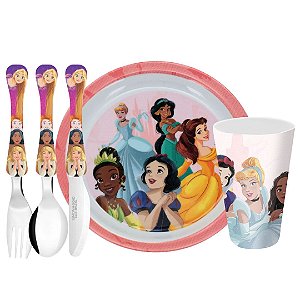 Jogo Refeição Infantil Princesas Disney 5 Peças Prato Fundo, Copo e Talheres