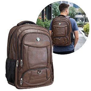 Mochila Executiva Courino Marrom Extra Grande Porta Notebook 7 Compartimentos Luxo Reforçada
